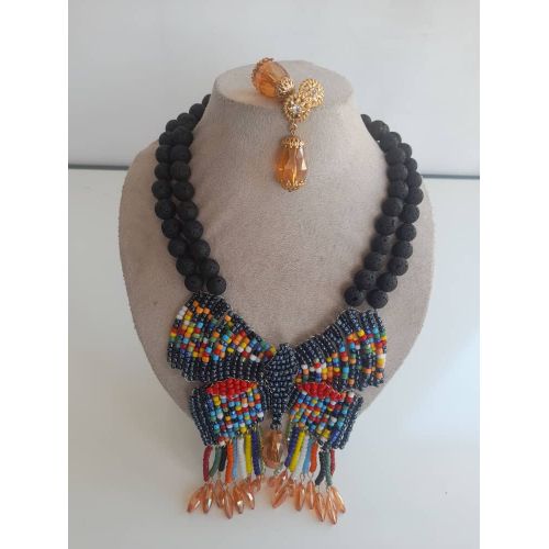 Beads 2Layers Black Multicolour Coral Costume Necklace With