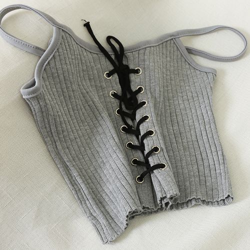 Fashion Women Knitted Rib Cami Top Lace-Up Front Solid Drawstring Eyelet  Sleeveless