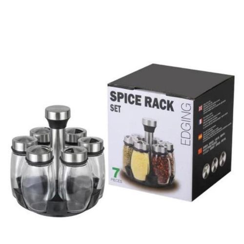 Generic 7-piece rotating glass spice rack set (model OT-107) featuring 6 seasoning jars