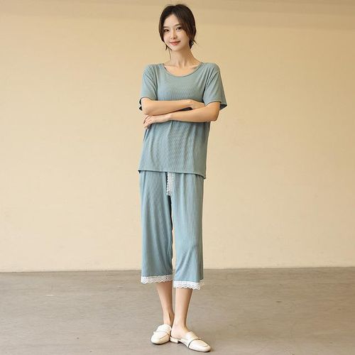 Generic Thin Home Wear For Women Sleepwear Summer Casual Solid Pajama Set  Loose Short Sleeved T-Shirt And Two Piece Lace Pants Set