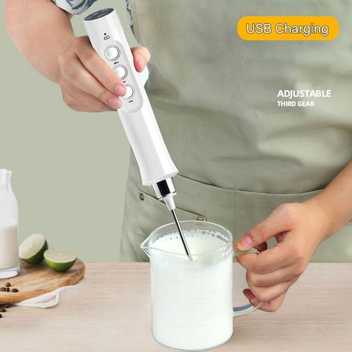 Electric Milk Frother Handheld White USB Rechargeable Drink Mixer