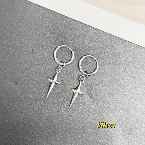 product_image_name-Fashion-Unisex Stainless Steel North Star Dangle Hoop Earrings – Non-Tarnish Gothic Cross - Silver-5