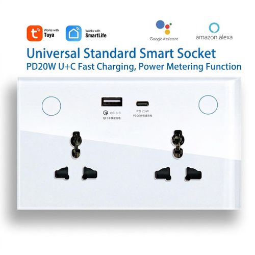product_image_name-Tuya-Dual-Plug Smart Wall Socket with Usb+Type-C Fast Charging Wifi Dual-Use Smart Socket SmartLife-1