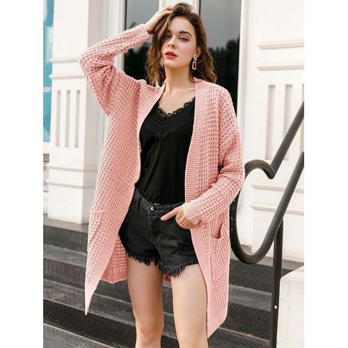 Fashion Women Solid Loose Knitted Dual Pocket Drop Shoulder