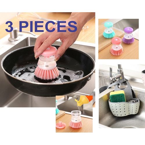 3Pcs Soap Liquid Dispensing Pot Brushes Kitchen Dish Pan Sink