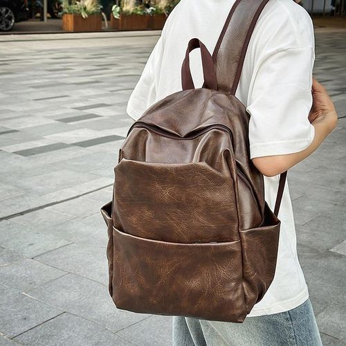 Fashion Men's large-capacity PU leather backpack, multi-functional backpack - Brown - image 3