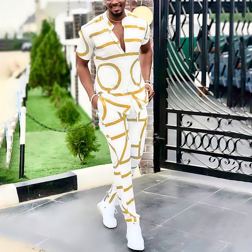 Generic Fashion Spring Summer Men's Casual Two Piece Sets Short Sleeve S  And Long Pants Suit Pattern Print Outfit Men Streetwear(#white Yellow)