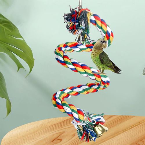 Bird Perch Toy Parrot Cotton Rope Chewing Bar Cage Stand Spiral With Bell  50cm