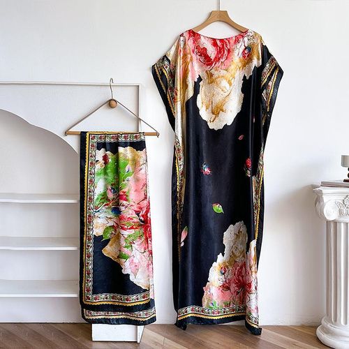 product_image_name-Fashion-Eid Ramadan Black Floral Abaya for Women Loose Long Muslim Dress 140*80cm Free Hijab Included-3