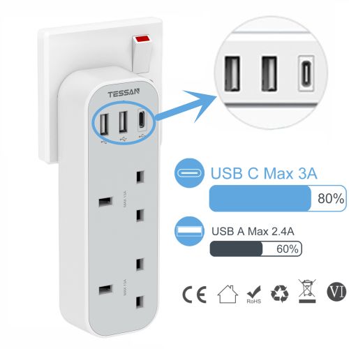 Generic Type C Charger Power Adaptor UK Plug Socket 3 USB 2 AC Plug ...