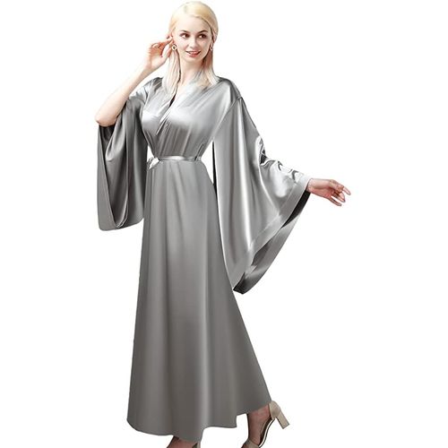 Womens Silk Satin Robe - Solid Color White Pipping