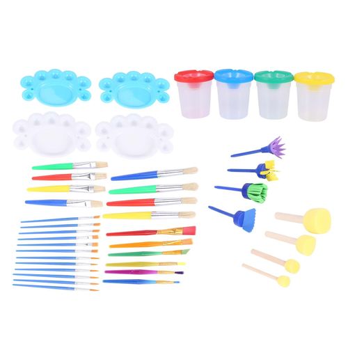 Plastic Small & Large Non Spill Water Cup Paint Pot Set With 4 Brushes Kids  Art Painting 