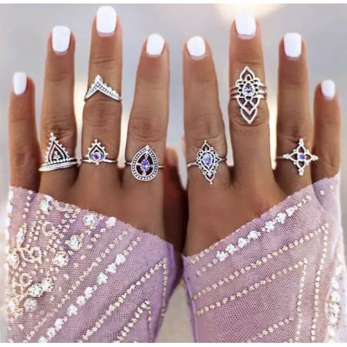 Fashion Women Silver Fashion Ring - 7pcs Purple Gem