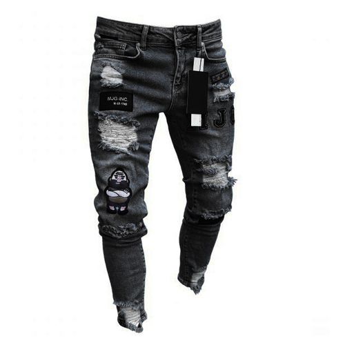 Fashion Men's Ripped Hole Emoroidered Jeans Denim Trousers - Black ...