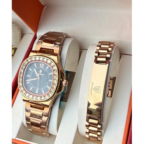 product_image_name-POEDAGAR-Highly Superior & Sophisticated Men's Rose Gold Wristwatch + Wrist Set -1