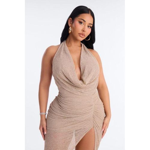 Fashion Taupe Backless Halter Cowl Neck Ruched Slit Maxi Dress for Women Casual Everyday Wear Date Night - image 4