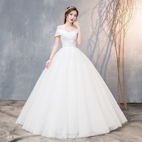 Fashion Women Double Shoulder Wedding Gown Bridal Dress -White