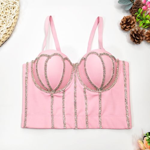 Fashion (Pink)Cupnaya Handmade Women Glitter Diamante Crop Top Push-Up  Bustier Clubwear Short Corset Bralette Inner Tube Vest Black White WEF