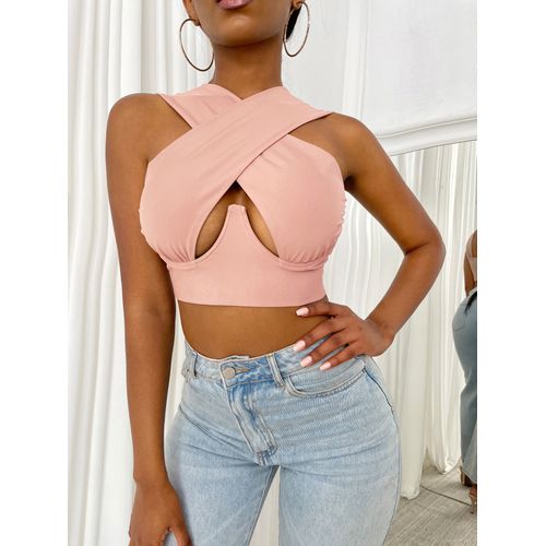 Fashion (72C Coral Pink)Women's Criss Cross Tank Tops Sleeveless Solid  Color Cutout Front Crop Tops Party Club Streetwear Summer Lady Bustier Tops  WAR