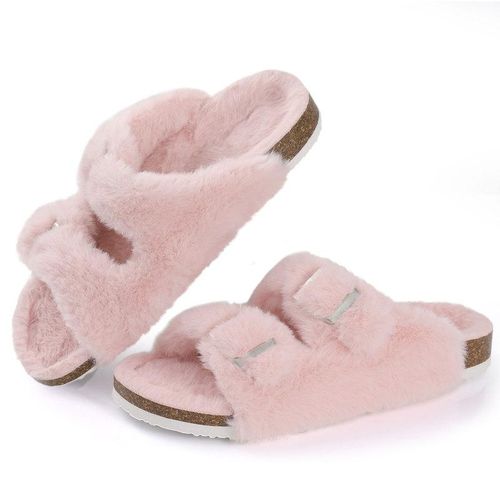 Fashion Fuzzy Slippers Women Cork Footbed Fluffy Slide Sandals Open Toe  Indoor House Shoes With Arch Support Adjustable Buckle | Jumia Nigeria