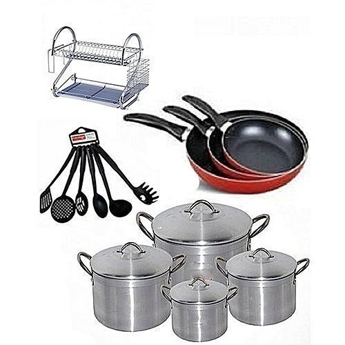 product_image_name-Generic-4pcs Of Aluminium,16"Dish Rack, 3pcs Frying Pan, 6Ps Spoon-1