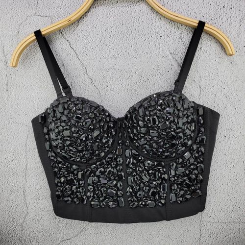 Women's Bra Handmade Rhinestone Shining Diamond Push up Bustier Club Party  Bra Cropped Top Vest（Black）