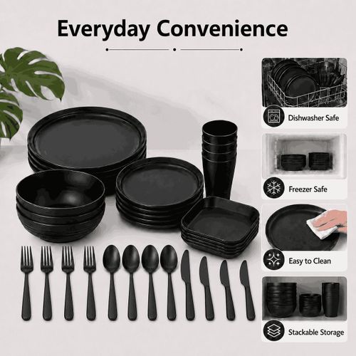 Generic 32-Piece Black Plastic Dinnerware Set For 4 Plates Bowls Cups - image 2