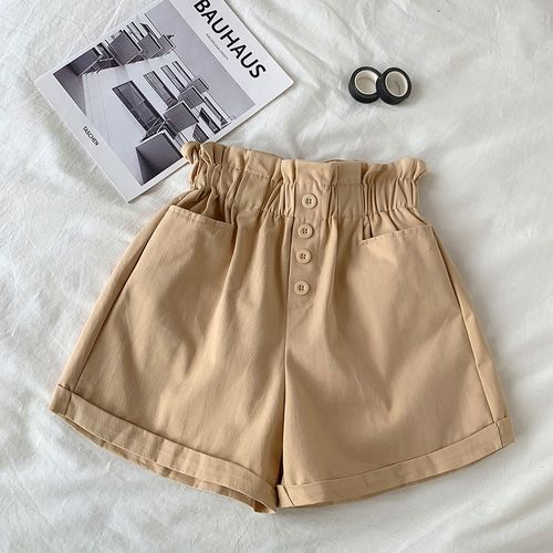 Fashion (Style 3 Khaki)2021 Summer Elegant High Waist Shorts Women Casual  Solid Wide Leg Loose Cotton Short Pants With Belt Korean Sweet Girls DOU