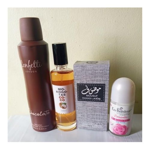 product_image_name-Generic-Fragrance Combo Perfume Gift Set of 4 in 1 of Confetti Body Spray, Monogotas Mist, Mousuf Mini EDP 50ml and Enchanteur Roll On-1