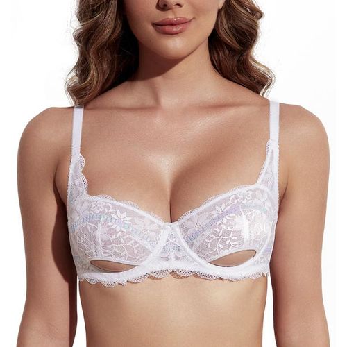 Details of Wingslove Women's Balconette Bra Sexy Shimmer Lace Underwire  Bras Unlined 1/2 Cup Sheer Bralette