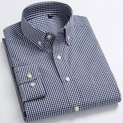 Fashion England Style Plaid Checkered Cotton Shirts Single Patch Pocket  Long Sleeve Standard-fit Button-down Men's Casual Striped Shirt(18-230)