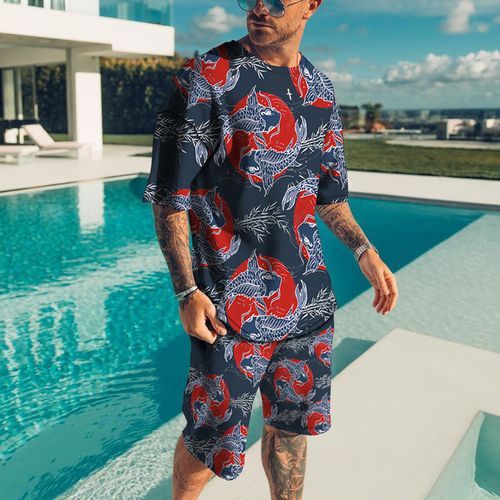 Fashion Men's Oversized Clothes Vintage Tshirt And Shorts Set Men Tracksuit  2 Piece Set Summer Lion Printed Men Sets Short Outfits(#TS1426)