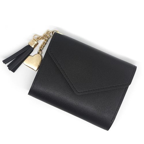 product_image_name-Fashion-Elegant Women’s Black Short Wallet – Heart Charm, Tassel Zipper, Envelope Flap, Multi-Pocket Organizer-4
