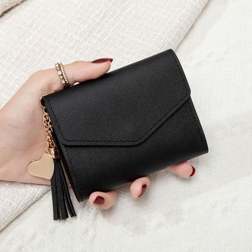 product_image_name-Fashion-Elegant Women’s Black Short Wallet – Heart Charm, Tassel Zipper, Envelope Flap, Multi-Pocket Organizer-8