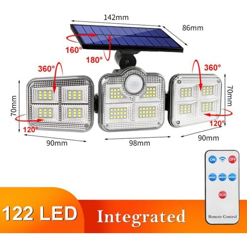 Generic 122 LED Solar Lights Outdoor 3 Head Motion Sensor 270 Wide Angle Illumination Waterproof Remote Control Wall Lamp - image 4