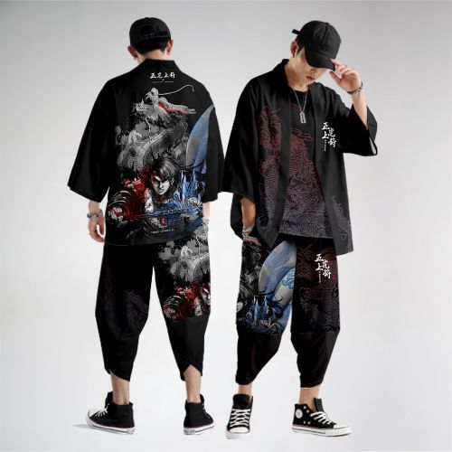 Chinese Style Print Men Kimono Cardigan Set Plus Size Male Yukata