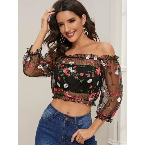 Short Sleeve Floral Embroidery Mesh Crop Top  Black mesh crop top, Crop top  outfits, Top outfits