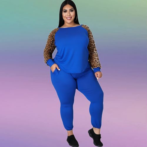 Fashion Xl-5xl Two Piece Tracksuit For Women Plus Size Fashion Leopard  Patchwork Long