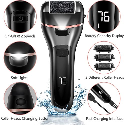 Electric Foot File Callus Remover, Electric Foot Callus Remover Kit,  Rechargeable Pedicure Tools Foot Care Feet File with 3 Roller Heads, 2  Speed, Battery Display for Men Women Salon or Home(White)