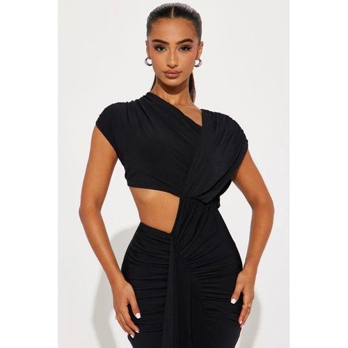 Fashion Black Cut Out Asymmetrical Short Sleeve Ruched Draped Maxi Dress for Women Party Clubwear Night Out - image 2