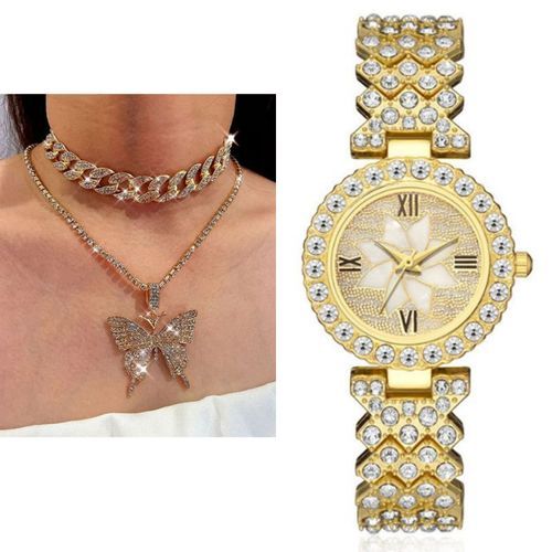 product_image_name-Fashion-Ice Rhinestone Women Wrist Watch And Necklace-Gold-1