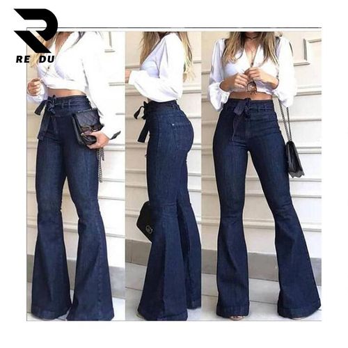 Fashion New Women Denim High waist jeans boot cut pant Wide-leg pants jeans  with belt