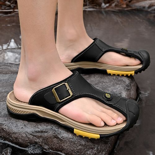 Adroit Fashion EUR Size 38-46 Full Grain Cow Leather Shoes Men Sandals Mens  Flip Flops Summer Casual Flat Shoes Luxury High-quality Massage Beach  Slippers Anti-slip Trendy Original Design Outdoor Slides Handmade Black