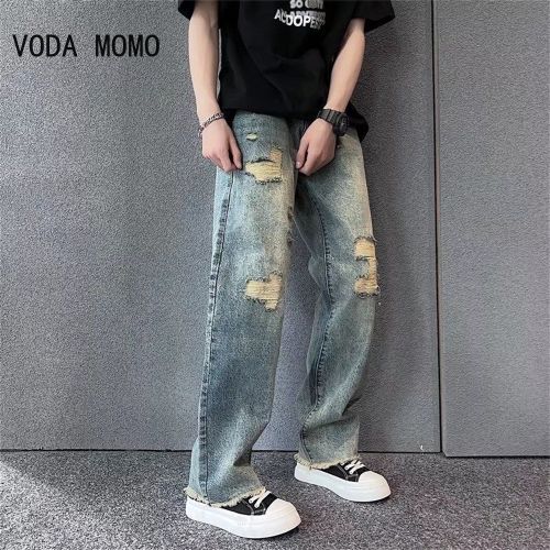 Men Trousers Ripped Denim Jeans Wide Leg Pants Distressed