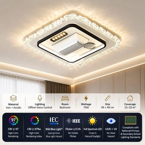 Generic Smart Bladeless LED Ceiling Fan Light with Voice Control, Bluetooth Speaker & Modern Crystal Design (48cm square)