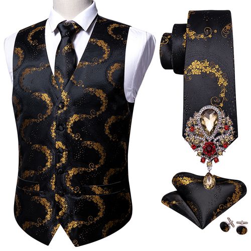 Fashion (GM-2084-Brooch)Black 5PCS Designer Mens Wedding Suit Vest Gold  Floral Jacquard Folral Silk Waistcoat Tie Brooches Vest Set Barry.Wang  Groom DOU