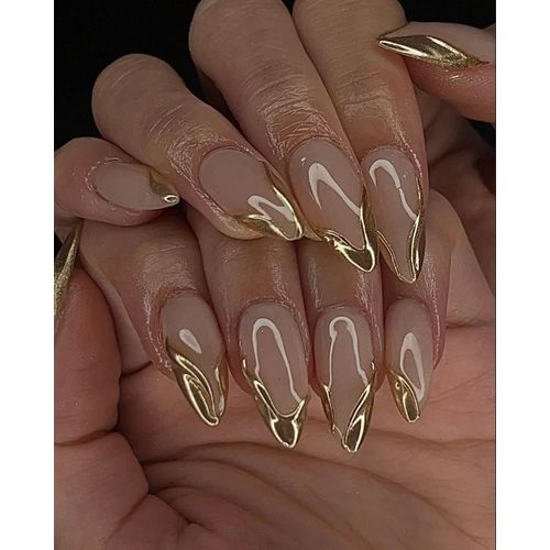 product_image_name-Avsty-Gold French Tip Press on Nails Medium Almond False Nails with Designs 3D Gold Stripe False Nails Glossy Full Cover Stick on Nail Acrylic Artificial Glue on Nail for Women 24 Pcs-2