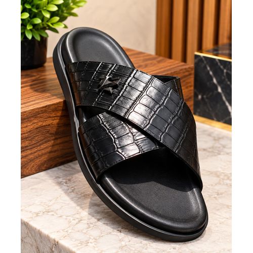Fashion Premium Black Crocodile-Textured Slide Sandals