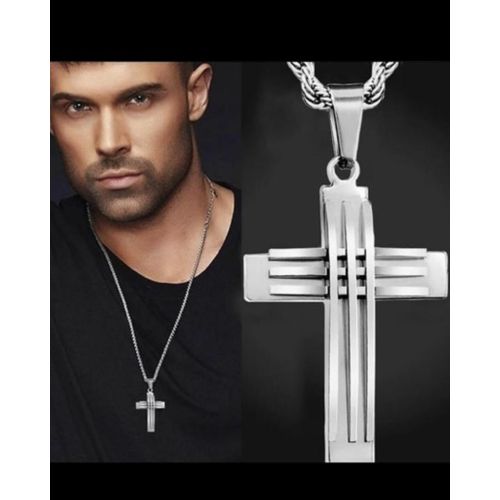 Fashion Twisted Steel Chain With Lined Cross Pendant