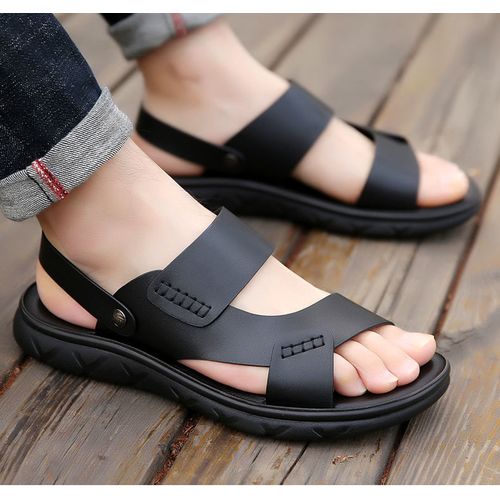 Fashion Mens Casual Leather Light Trend Non-ship Beach Sandals Black ...